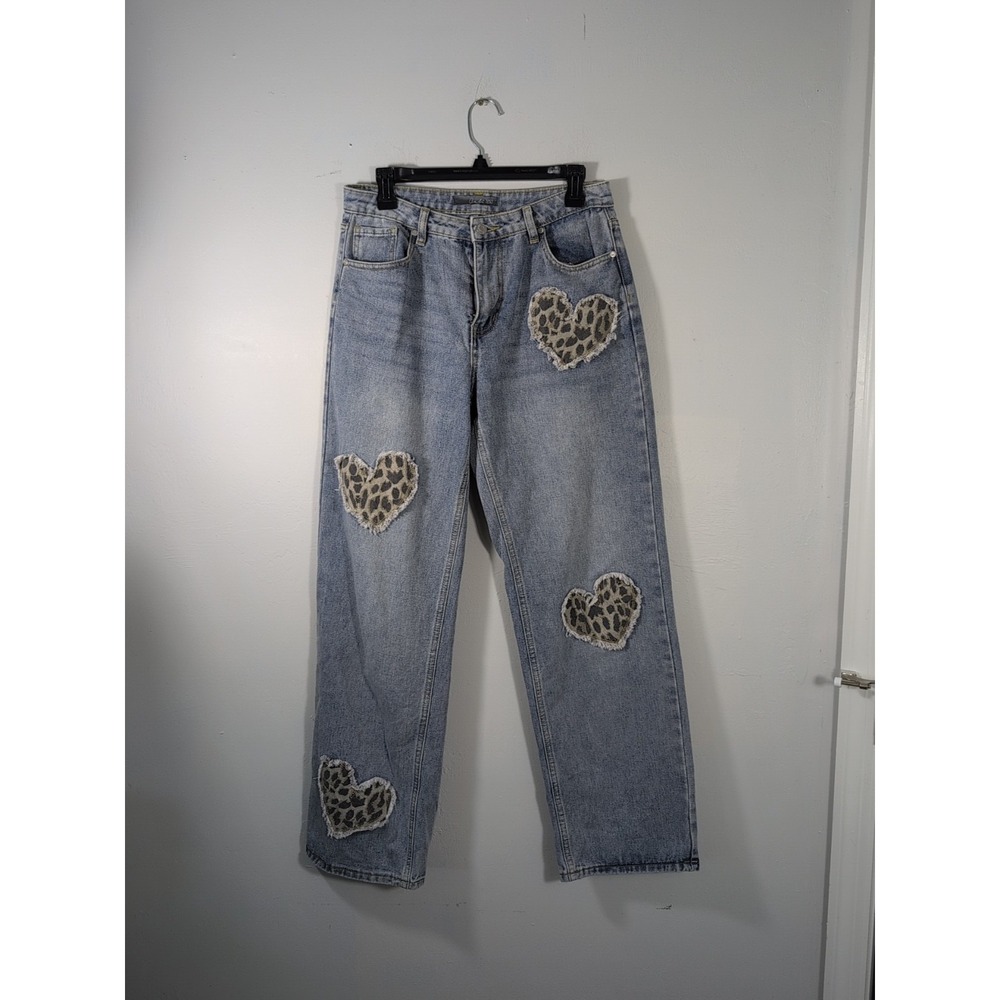 Cali 1850 Blue Denim Y2K Star Patchwork Animal Print Heart Wide Leg Jeans Size 7